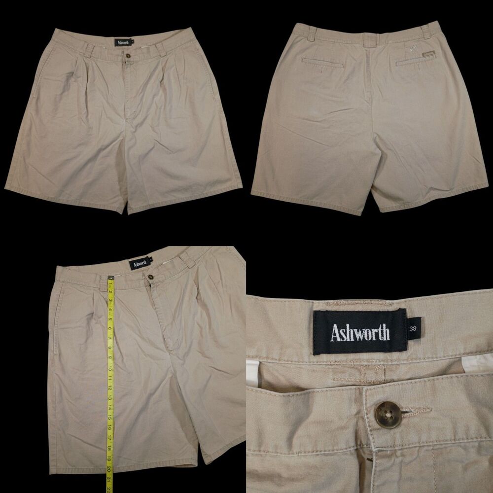 Ashworth Golf Khaki Tan Shorts Men's Cotton Pleated Shorts Sz 38 Golf Dad Core